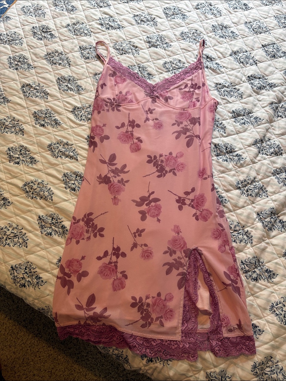 Motel Rocks Pink Floral Lace-Trim Slip Dress